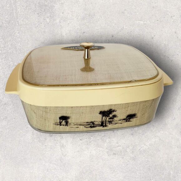 Vintage 1960s Thermo-Serv Insulated Casserole Server Tropical Scene MCM Serving - Picture 2 of 15